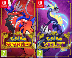 Pokémon Scarletin ja Violetin kansikuvat. Kuvissa on Pokémon-hahmot Koraidon ja Miraidon.