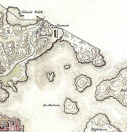 Sörnäisten järvi (Sörnäs träsk, vasen yläkulma) kartalla vuonna 1818. Kartalle merkitty Stockholmen tunnettiin myöhemmin nimellä Nihti (Knekten). Högholmen on Korkeasaari.