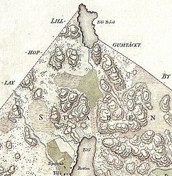 Töölönjärvi (Tölö träsk) v. 1818. Lasku-uoma (Töölönjoki) suoraan etelään, Töölönlahden pohjukkaan (Tölö botten)