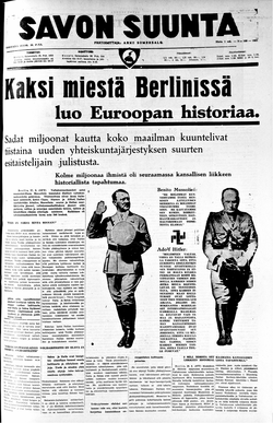 Savon Suunnan ihailemia ”uuden yhteiskuntajärjestyksen esitaistelijoita” olivat Adolf Hitler ja Benito Mussolini.