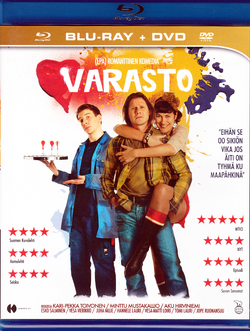 Varaston Blu-ray-julkaisun kansi. Vasemmalta Raninen (Hirviniemi), Antero (Toivonen) ja Karita (Mustakallio).