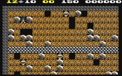 Kuvakaappaus alkuperäisen Boulder Dashin Commodore 64 -versiosta.