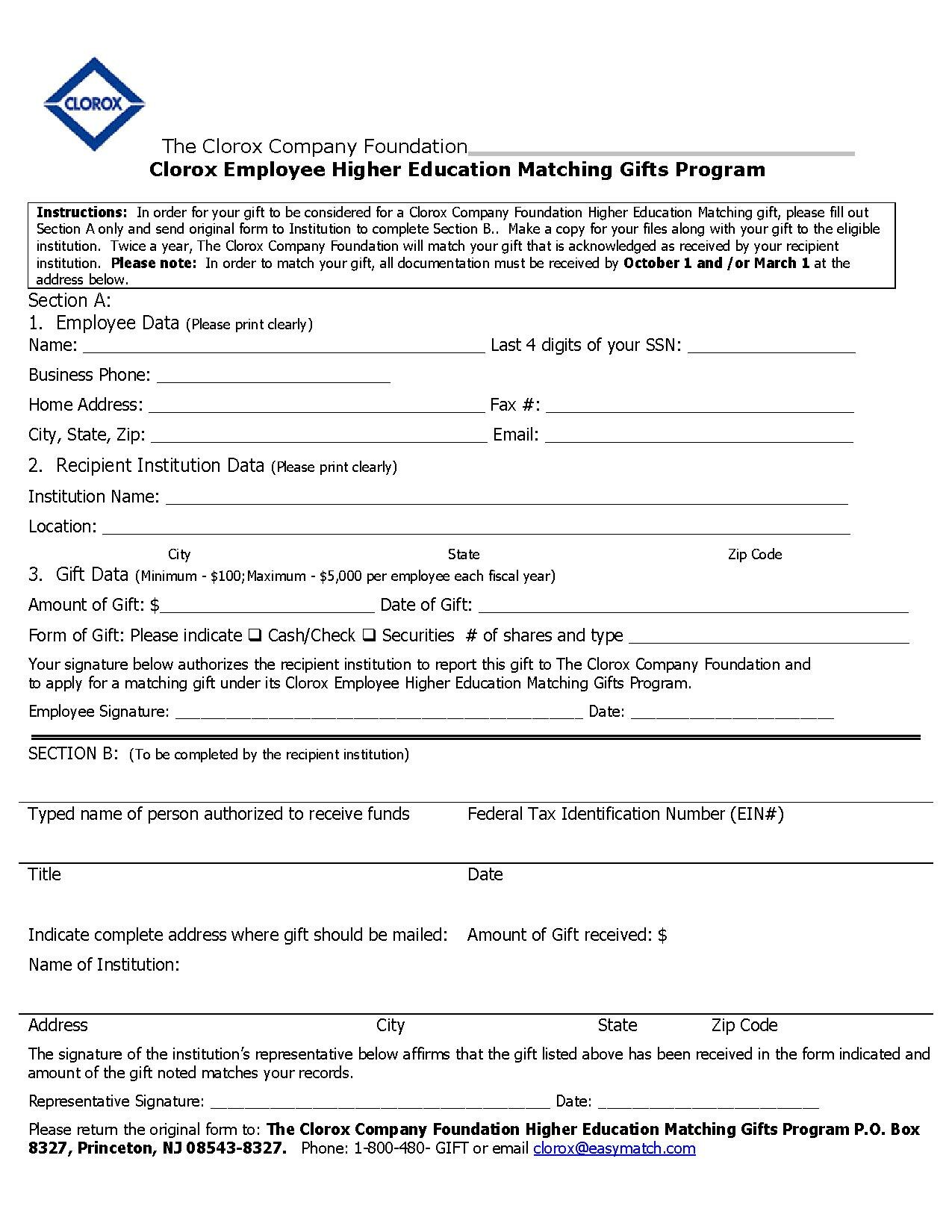 Clorox Company Foundation Matching Gifts Application