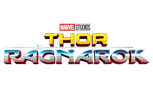 På første linje, logoen "MARVEL STUDIOS" i liten.  På en 2. ordet "THOR" i gult.  På en tredje, ordet "RAGNAROK" i blått tegner rødt nederst på bokstavene med horisontale linjer fra halvparten av høyden.