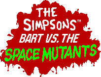 The Simpsons: Bart vs.  Space Mutants er skrevet med hvite bokstaver på fire linjer, Space Mutants er skrevet i neongrønt.  Inskripsjonen er plassert på en bakgrunn som representerer en flekk av rødt blod.