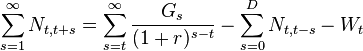 \sum_{s=1}^{\infty}{N_{t,t+s}}=\sum_{s=t}^{\infty}{\frac{G_s}{(1+r)^{s-t}}}-\sum_{s=0}^D{N_{t,t-s}}-W_t