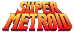 Super Metroid est inscrit sur deux lignes dans un léger dégradé de jaune au rouge du haut vers le bas, avec une légère perspective vers le haut.
