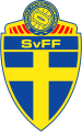 Wappen der Schwedischen Föderation.  Ein gelber Skandinavier auf blauem Hintergrund in Form eines Schildes mit einem gelben und blauen Ballon.