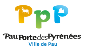 Logotyp bestående av tre bokstäver P ocher, grön och blå;  svart och blå legend: Pau Porte des Pyrénées - stad Pau.