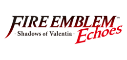 Fire Emblem Shadows of Valentia está inscrito en dos líneas en letras negras con un ligero degradado rojo, a la derecha está Echoes en letras rojas.