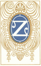 logo de la société du carburateur Zénith : lettre Z blanc sur fond ovale bleu, entouré d’un décor de style 1900.