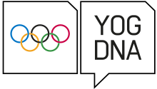 Gammelt YOG-logo bestående af de olympiske ringe i en firkant og en boble med ordet YOG DNA på engelsk