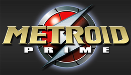 A Metroid Prime két sorra van írva arany betűkkel, a háttérben a sorozat logóval (egy villámlappal ellátott lemez).