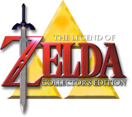 Zelda está escrita em grandes letras vermelhas.  Atrás do Z, os três triângulos da Triforce e a espada de Link são representados, o último entrelaçado no Z. O resto do título está inscrito à direita abaixo e acima do termo Zelda em letras pequenas na cor Branca.