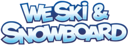 Le texte We Ski & Snowboard est écrit en bleu et blanc.