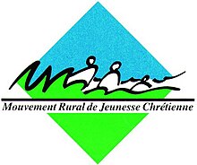 Le logo a la forme d’un carré pivoté, la moitié inférieure est verte, dépassant en touffe d’herbes sur la moitié supérieure bleu ciel. Des silhouettes blanches se dessinent entre les deux, au dessus du texte « Mouvement Rural de Jeunesse Chrétienne ».