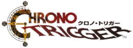 Chrono Trigger écrit ondulé sur deux lignes bordeaux et noire. C forme la moitié de cadran aux aiguilles visibles.