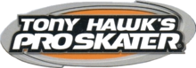 Logotipo do jogo Pro Skater de Tony Hawk.  A foto representa uma forma oval de cor laranja com um contorno cinza no fundo e em primeiro plano o título do jogo em duas linhas.