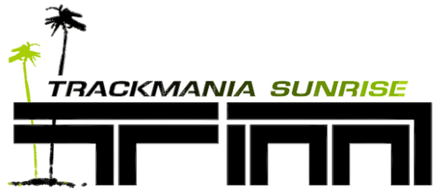 TrackMania Sunrise est écrit en lettres noires et vertes avec deux cocotiers sur la gauche, ainsi que les lettres T et M en dessous.