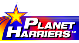 Planet Harriers está inscrito en blanco sobre un fondo multicolor dominado por el azul, el amarillo y el rojo, también adornado con una estrella de color.