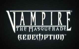Version anglaise du logo du jeu Vampire : La Mascarade - Redémption. Le nom du jeu Vampire: The Masquerade – Redemption est écrit sur trois lignes, en blanc sur un fond noir.
