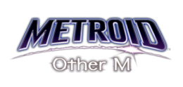 Metroid og Other M er trykt online i let farvede bogstaver af hvid og lilla på en sort baggrund.