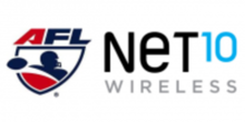 Un escudo, coronado por las letras A (en rojo), F y L (en azul), en el que se encuentra la silueta de un jugador de fútbol americano y una pelota de fútbol americano, ambas en azul oscuro.  A la derecha del escudo, la palabra NET en negro con, a su derecha el número 10 en celeste y debajo la palabra WIRELESS en gris claro.