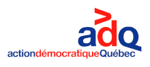 « Action démocratique du Québec » avec sigle (« ADQ »)au-dessus en bleue et rouge.
