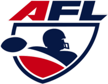 Aufnäher mit einem Ball und der Silhouette eines American-Football-Spielers, beide dunkelblau.  Alle werden von den Buchstaben A (in Rot), F und L (beide in Dunkelblau) gekrönt.