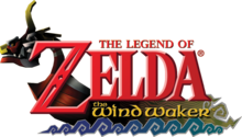 The Legend of Zelda: The Wind Waker est inscrit en rouge sur trois lignes, Zelda est inscrit en gros. En arrière, plan figure un bateau.