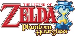 The Legend of Zelda Phantom Hourglass est écrit en couleur rouge et or, tandis qu'un sablier bleu contenant du sable est situé à côté du titre.