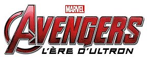 Les mots "AVENGERS" en rouge, "L'ERE D'ULTRON" en noir en dessous en plus petit et "MARVEL" en blanc sur rouge au-dessus en petit, le tout en capitales, sur fond blanc