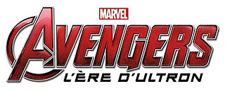 Les mots "AVENGERS" en rouge, "L'ERE D'ULTRON" en noir en dessous en plus petit et "MARVEL" en blanc sur rouge au-dessus en petit, le tout en capitales, sur fond blanc