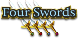 Four Swords est inscrit en grosses lettres bleues bordées de jaune. En arrière plan, figurent, côte à côte et légèrement inclinées, quatre épées à lame blanche et au pommeau doré avec chacun une pointe de couleur verte, rouge, bleue et violette.