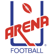 AFL logo original. Le mot Arena écrit en rouge, en travers de buts de football américains bleus. Le mot Football est écrit en dessous des buts. le mot Arena est surmonté d'un ballon de foot US, rouge également.