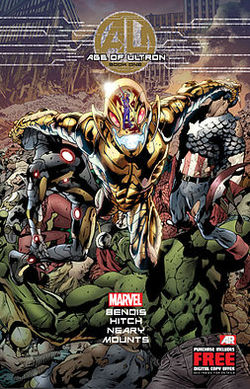 עטיפת החוברת Age of Ultron #1 ממרץ 2013, אמנות מאת בריאן היץ' ופול נירי.