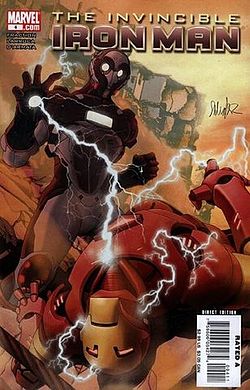 זיק סטיין בחליפה, כפי שהופיע על עטיפת החוברת Invincible Iron Man #4 מאוקטובר 2008, אמנות מאת סלבדור לארוקה וגבריאל דלאוטו.