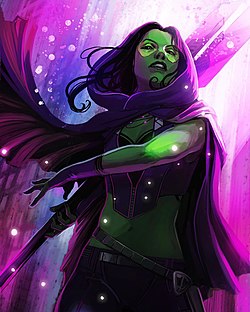 גאמורה, כפי שהופיעה על עטיפת החוברת Guardians of the Galaxy Vol.4 #17 מאפריל 2017, אמנות מאת סטפני האן.