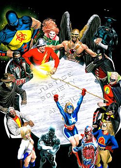 חברת הצדק של אמריקה, כפי שהופיעה על עטיפת החוברת Justice Society of America Vol.3 #1 מפברואר 2007, אמנות מאת אלכס רוס.