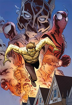 בן ריילי על שלל זהויותיו, כפי שהופיע בחוברת Amazing Spider-Man Vol.4 #24 מפברואר 2017. אמנות מאת ג'יוספה קמונקולי
