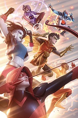 הטיטאנים הצעירים, כפי שהופיעו על עטיפת החוברת Teen Titans Vol.6 #31 מאוגוסט 2019, אמנות מאת אלכס גארנר.