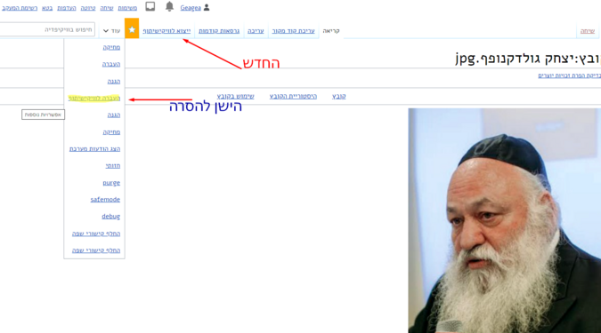 תפריט התמונה. בכחול להסרה, באדום האופציה החדשה