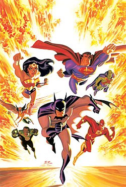 כריכת חוברת הקומיקס Justice League Adventures #1, המציגה את חברי הליגה. אמנות מאת ברוס טים ואלכס רוס. מהמרכז בכיוון השעון: באטמן, גרין לנטרן, הוקגירל, וונדר וומן, סופרמן, הצייד ממאדים ופלאש