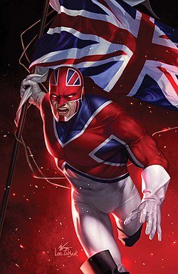 קפטן בריטניה, כפי שהופיע על עטיפת החוברת Marvel Tales Captain Britain #1 מספטמבר 2020, אמנות מאת אניוק לי.