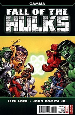 עטיפת החוברת Fall of the Hulks: Gamma #1 מדצמבר 2009, אמנות מאת אד מקגינס, מארק פארמר, דייב סטיוארט, ג'ון רומיטה הבן, קלאוס ג'נסן ודין וייט.