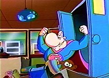 צילום מסך מתוך הסדרה, בו מופיע וולטר מלון כמחליף של סופרמן