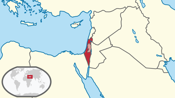 Israel in its region (de-facto and Palestinian territory hatched) e.svg