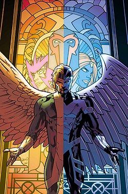 וורן וורתינגטון השלישי על שני חצאיו כאנג'ל/ארכאנג'ל, כפי שהופיע על עטיפת החוברת Uncanny X-Men Vol.4 #7 ממאי 2016, אמנות מאת גרג לאנד.