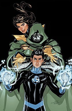 פרנקלין ריצ'רדס, כפי שהופיע לצד דוקטור דום וקיטי פרייד על עטיפת החוברת X-Men\Fantastic Four Vol.2 #4 מיולי 2020, אמנות מאת טרי ורייצ'ל דודסון.