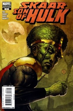 המנהיג, כפי שהוא מופיע על עטיפת החוברת Skaar Son of Hulk #6 מפברואר 2009, אמנות מאת רון גרני, פול מאונטס ופרנסיס צאי.